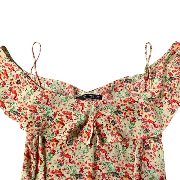 Zara Yellow Multicolor Floral Print Flutter Sleeve Dress Sz M - Picture 2 of 7